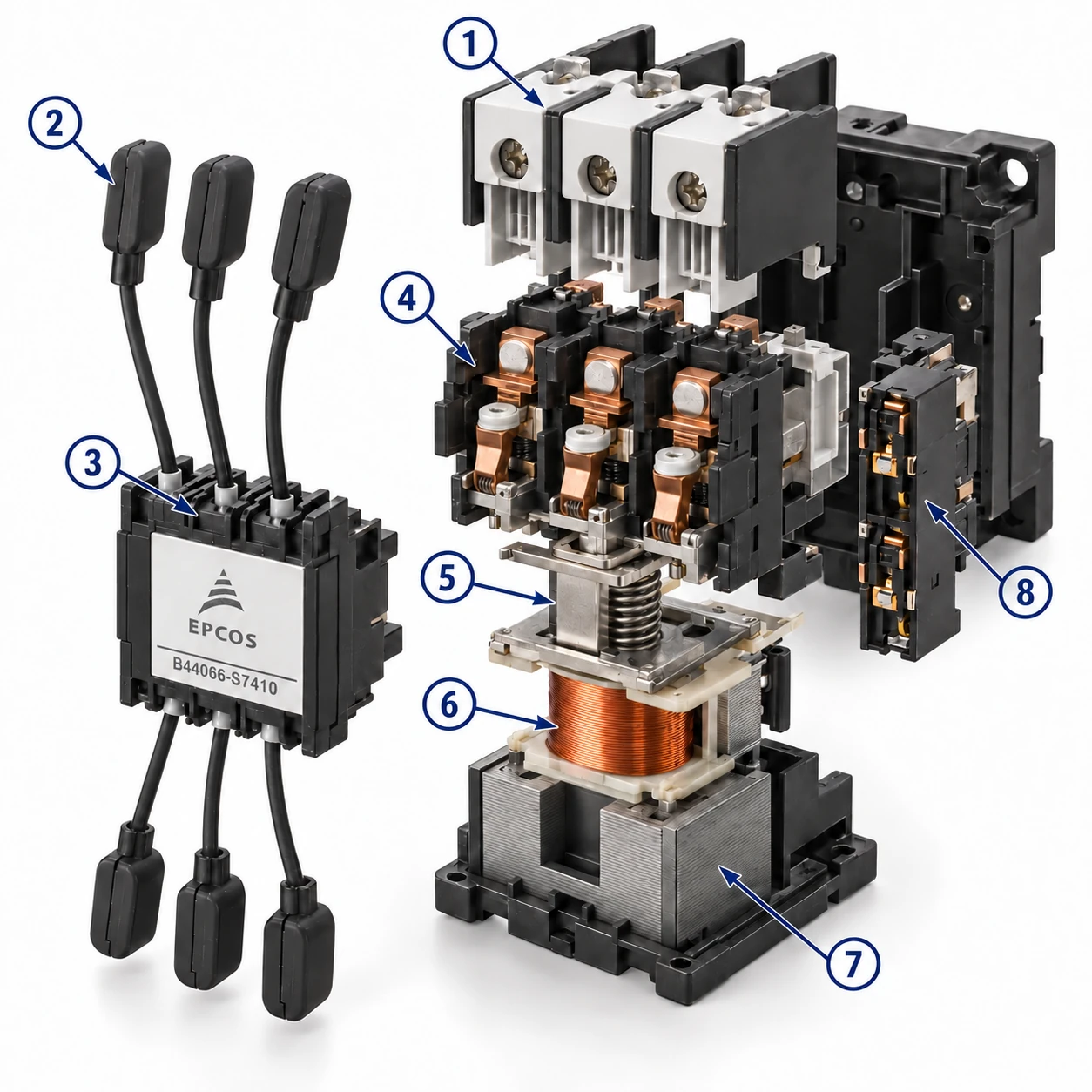 75 kVAR Capacitor Contactor with Pre-charge Resistor — illustrative exploded view with numbered component arrows