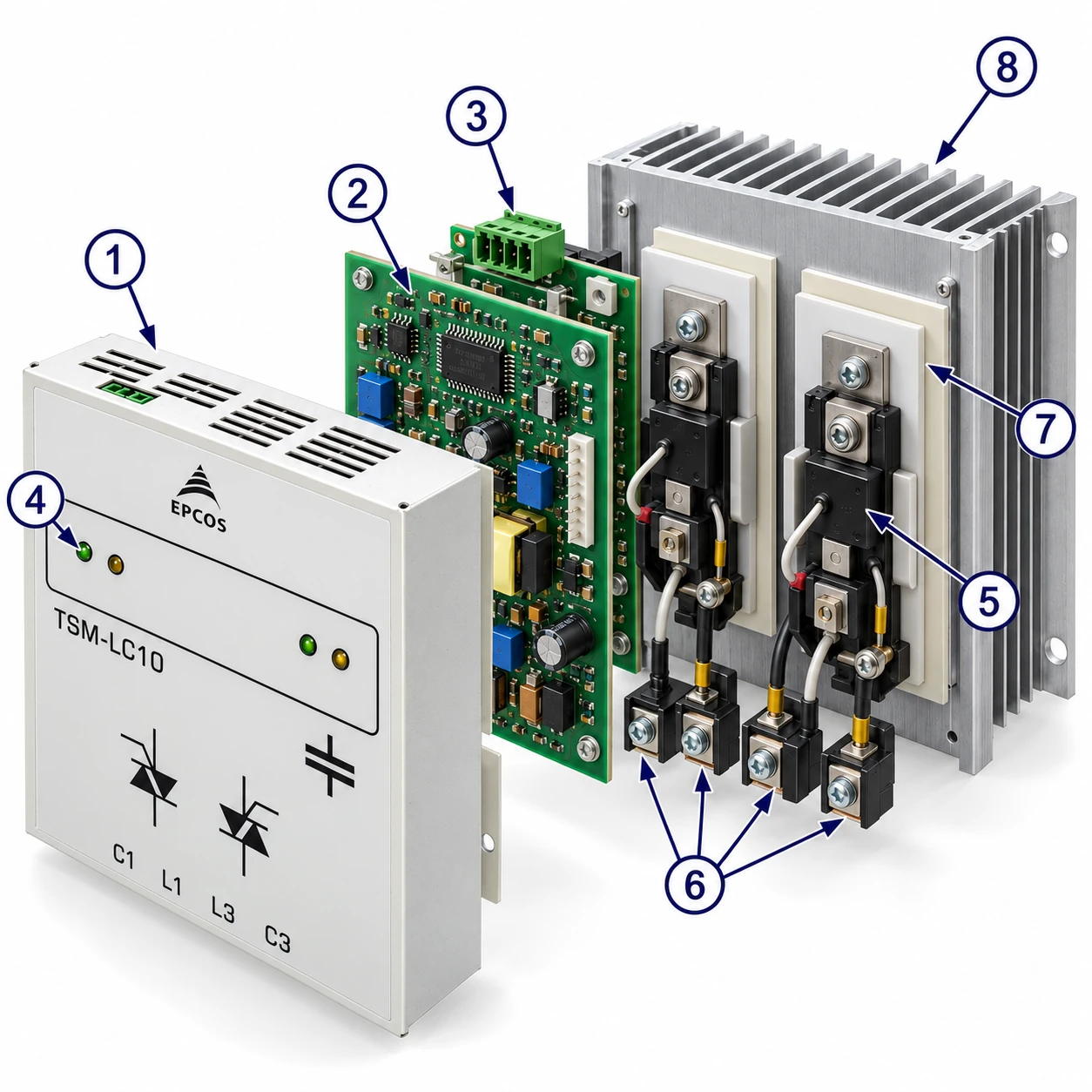 10 kVAR Capacitor Contactor Thyristor — illustrative exploded view with numbered component arrows