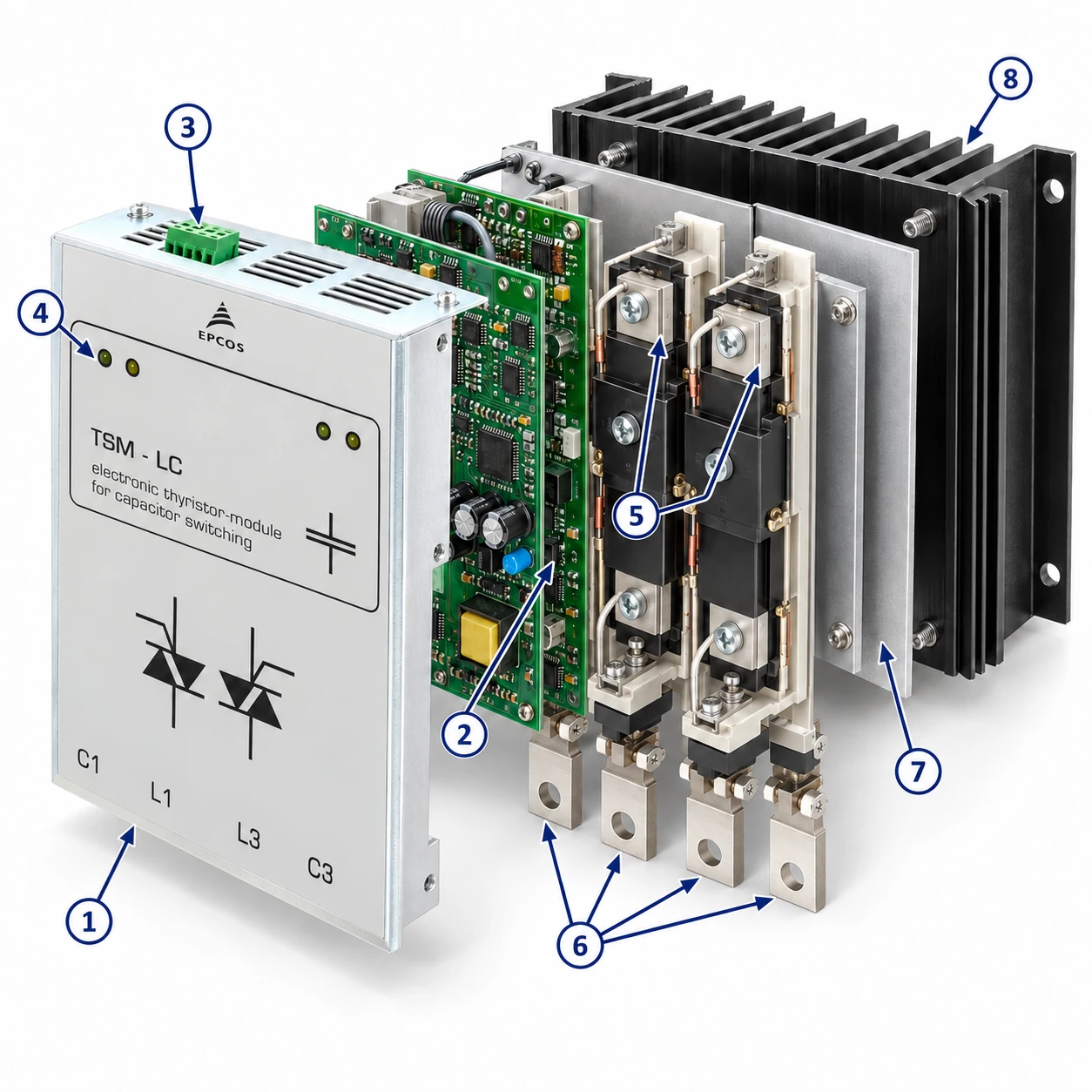 25 kVAR Capacitor Contactor Thyristor — illustrative exploded view with numbered component arrows